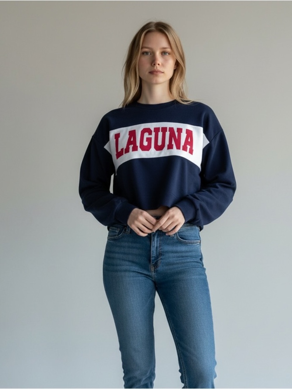 Wild Fable Laguna Cropped Sweatshirt Navy White Pink XL Crewneck
